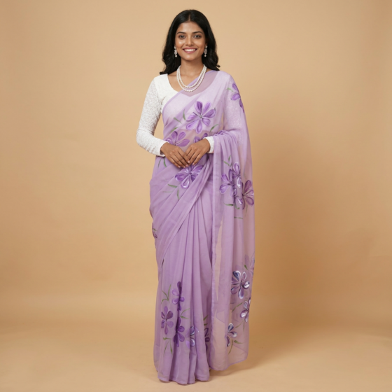 Hand-Printed Purple Floral Georgette Saree