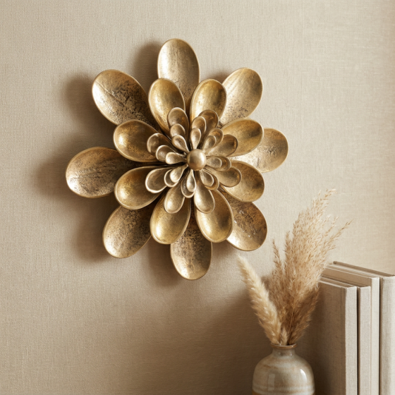 Handcrafted 3D Brass Flower Wall Hanging | 7.5 x 7.5 x 1.5 Inches
