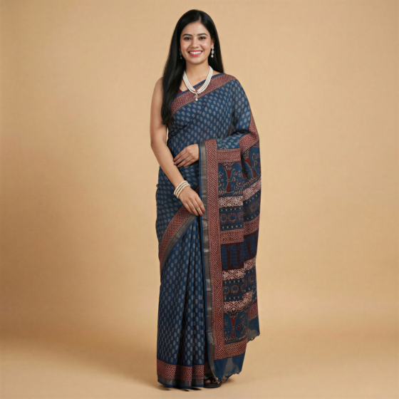 Tarapur Handblock Print Cotton Saree | Blue
