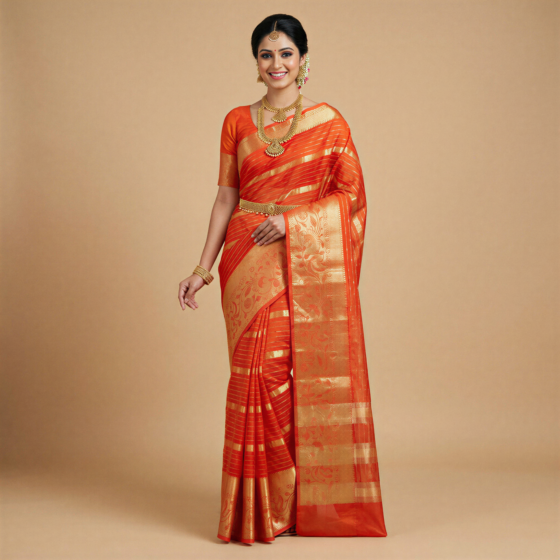 Handloom Banarasi Organza Mix Saree | Orange