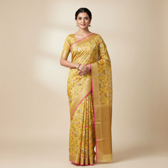 Handloom Banarasi Cotton-Silk Saree | Mustard Yellow