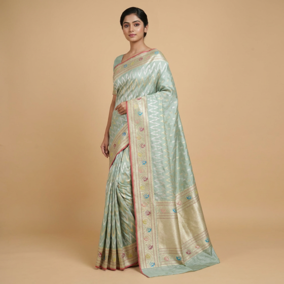 Handloom Banarasi Silk Saree | Sage Green
