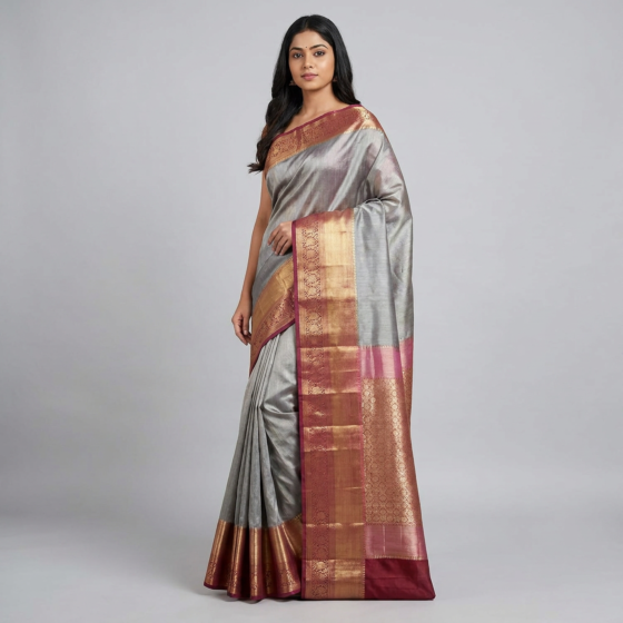Handloom Banarasi Silk Saree | Grey & Pink