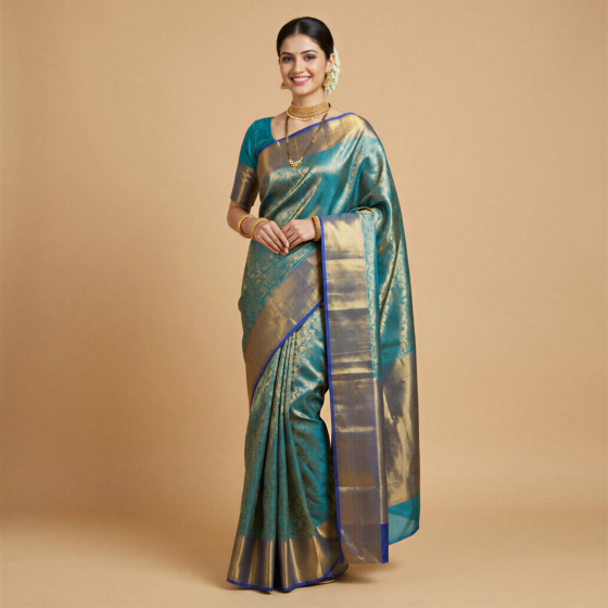 Handloom Banarasi Soft Kanchi Tissue Saree | Teal Blue
