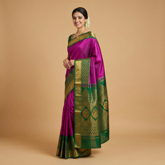 Handloom Kanchipuram Silk Saree | Pink & Green