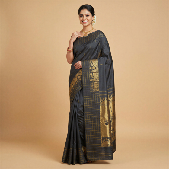 Handloom Kanchipuram Silk Saree | Charcoal Black