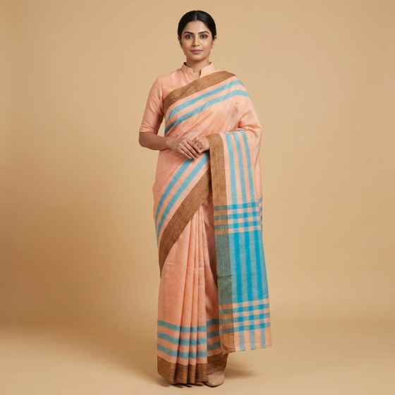 Hand-Woven Peach & Azure Cotton Saree