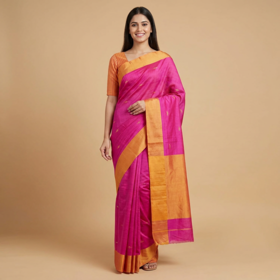 Handloom Tussar Ghicha Silk Saree|Pink 