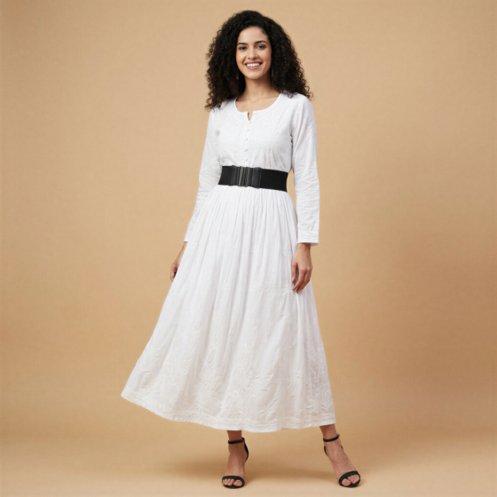 Hand-Embroidered Cotton Maxi Dress | White