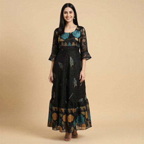 Hand-Block Print Black Long Dress | XL