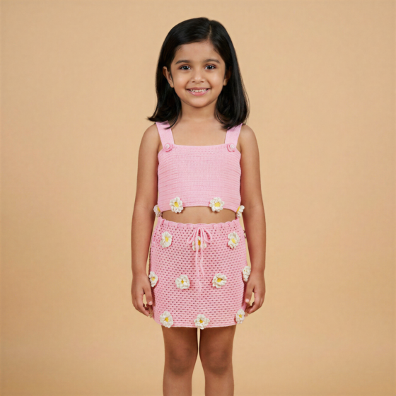 Hand-Crocheted Crop Top and Skirt | Pink