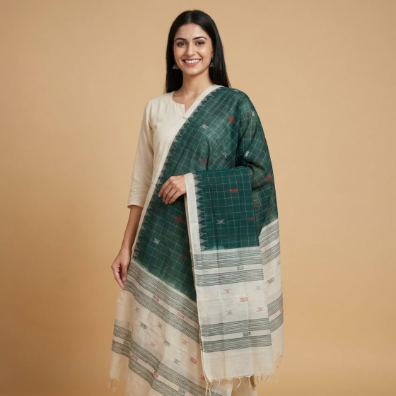 Handwoven Single Ikat Sambalpuri Cotton Dupatta |Green & White