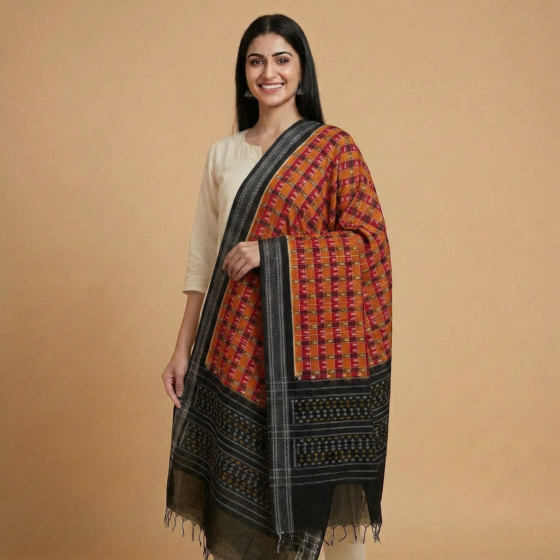 Handwoven Single Ikat Sambalpuri Cotton Dupatta| Multicolour