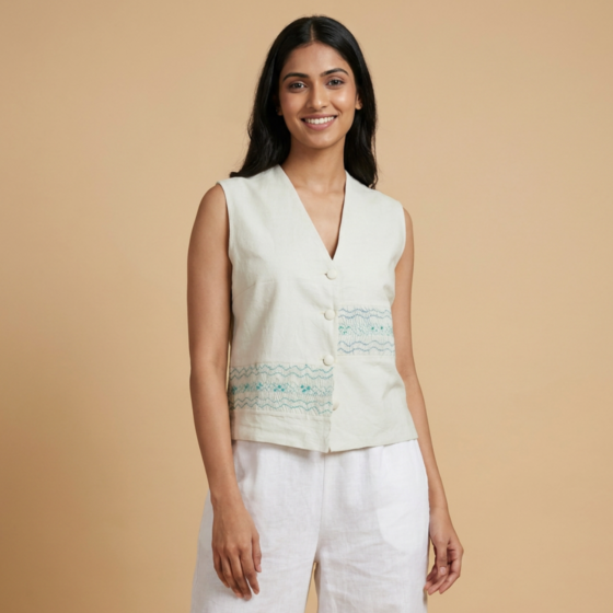 Hand-Smocked Cotton Vest | Pista Green