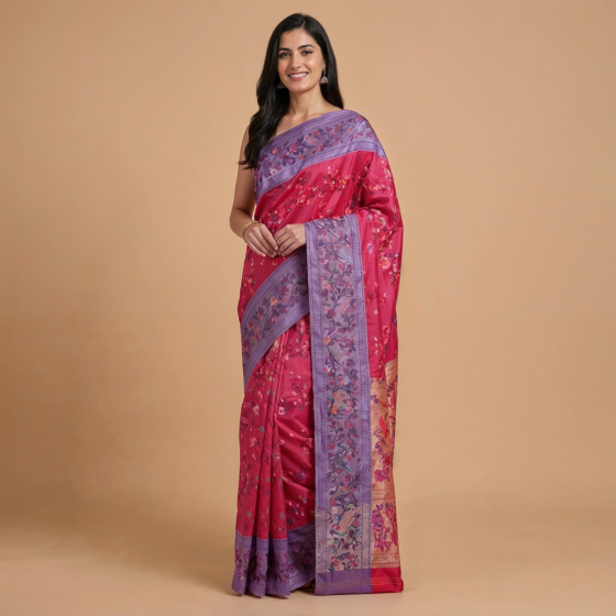 Handcrafted Ponduru Khadi Jamdani saree|  Fuchsia 