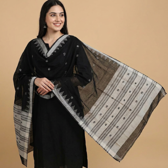 Handwoven Single Ikat Sambalpuri Cotton Dupatta | Black & Off-White