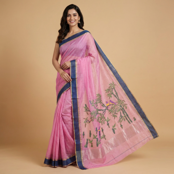 Handcrafted Ponduru Jamdani Cotton Khadi Saree with Indigo Blue Border| Pink 