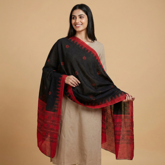 Handwoven Single Ikat Sambalpuri Cotton Dupatta | Black & Red