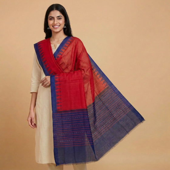 Handwoven Single Ikat Sambalpuri Cotton Dupatta | Red & Navy Blue