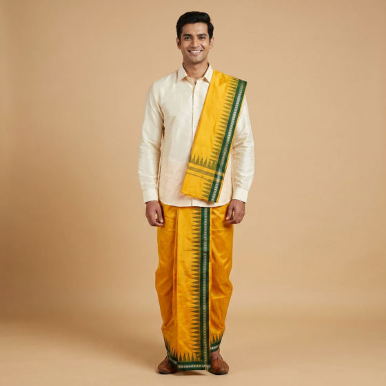 Handwoven Sambalpuri Silk Dhoti Gamucha Joda Set with Green Border| Yellow