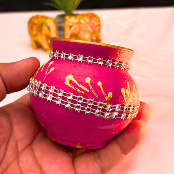 Santarms Small Clay Matki eco friendly mitti pot with mirror work best for festivals décor and gifting Made in India handmade and traditional