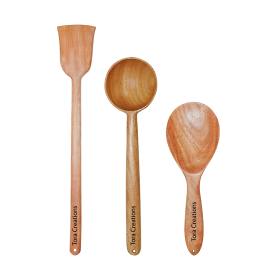 Neem Wood Ladles Spatula Combo For Cooking And Serving Long Handle, Dal & Rice Server Pack Of 3