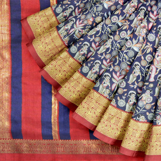 Handloom Printed Saree | Cotton Silk | Blue