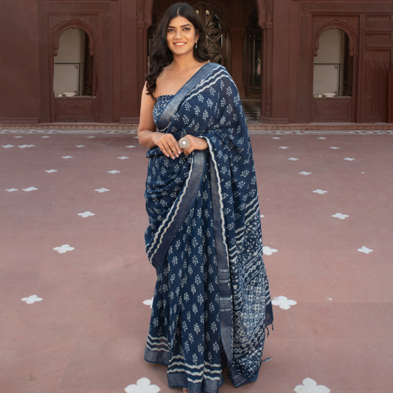 handblock-blue-indigo-artisanal-handmade-saree-blouse
