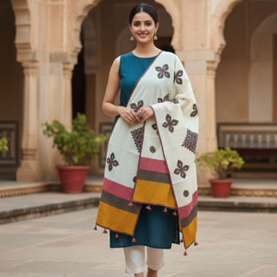 White Dupatta with Applique Patchwork | Elegant Ethnic Stole