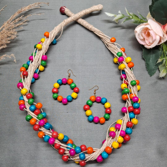 Handcrafted Multicoloured Wooden Bead Necklace Set