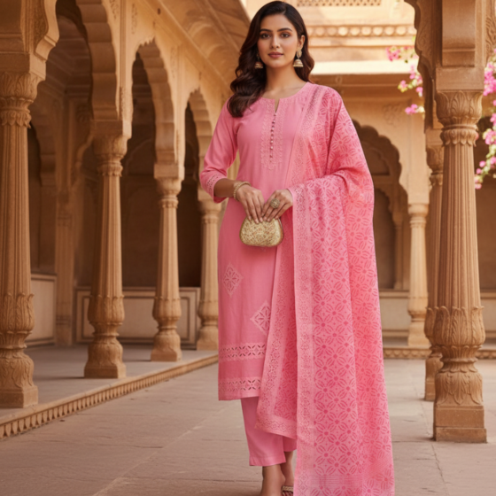 Cotton Applique Cutwork Unstitched 3 Piece Set in Pink
