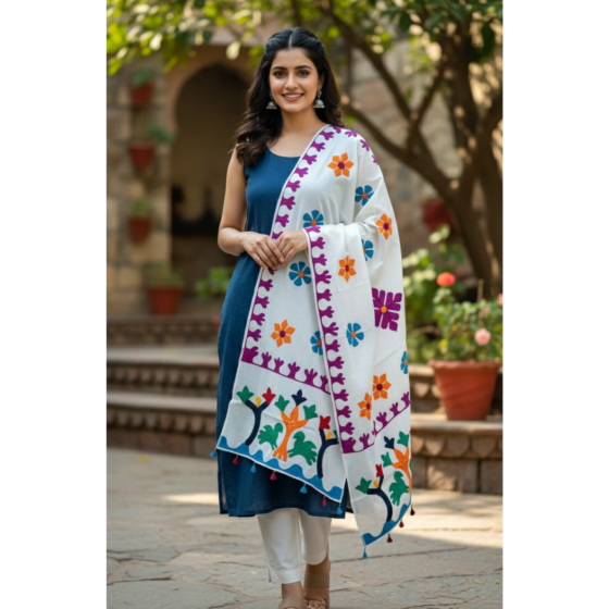 White Dupatta with Colorful Applique Motifs | Ethnic Casual Stole