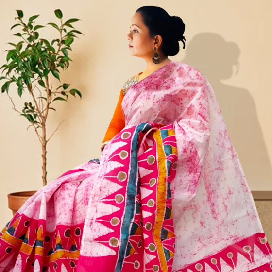 Batik Print Mulmul Cotton Saree | Multicolour