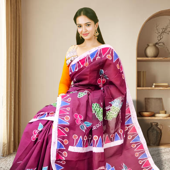 Batik Malmal Cotton Saree | Multi Colour | Purple