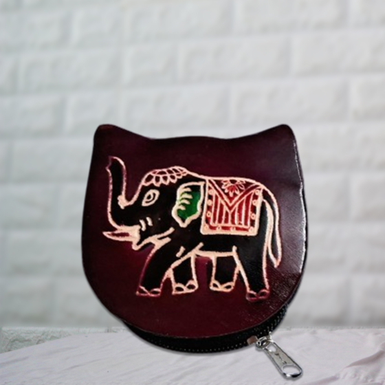 Genuine leather Small Coin Purse | Elephant Design | Maroon