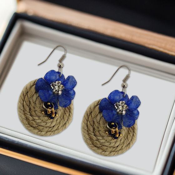 Handmade Jute Earrings with Fish Scale Embellishments | Blue