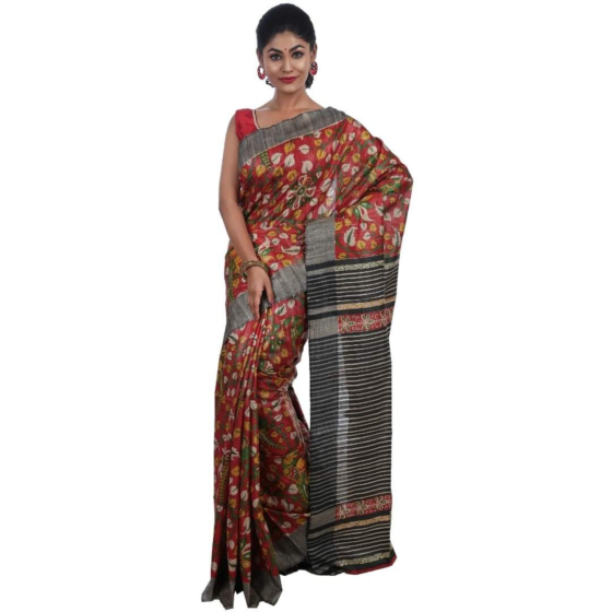 Handwoven Bhagalpuri Tussar Ghicha Floral Print  Silk Saree