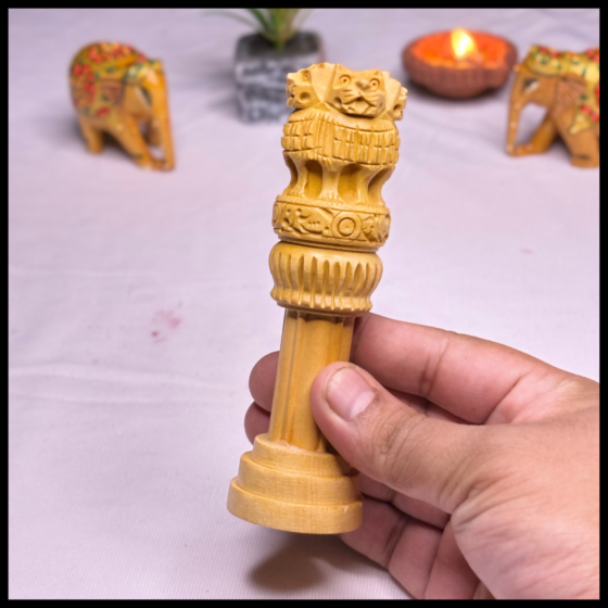 wooden ashoka pillar, ashoka stambh replica, national emblem showpiece, advocate gift India, judiciary accessories, handmade wooden emblem, Indian heritage handicrafts, Santarms wooden replica
