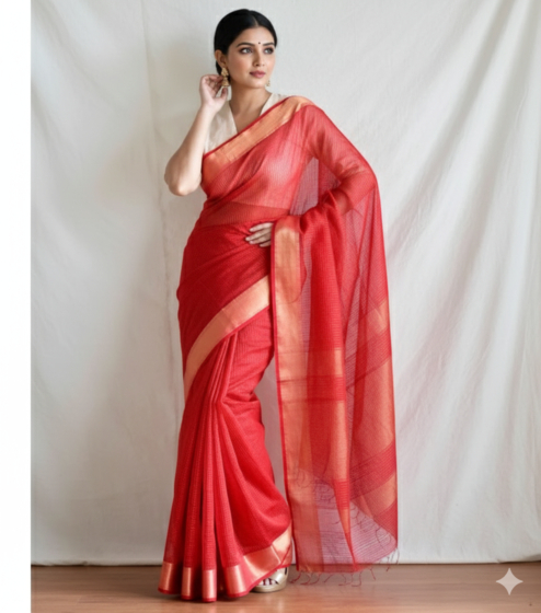 Maheshwari Zari Check Red Saree
