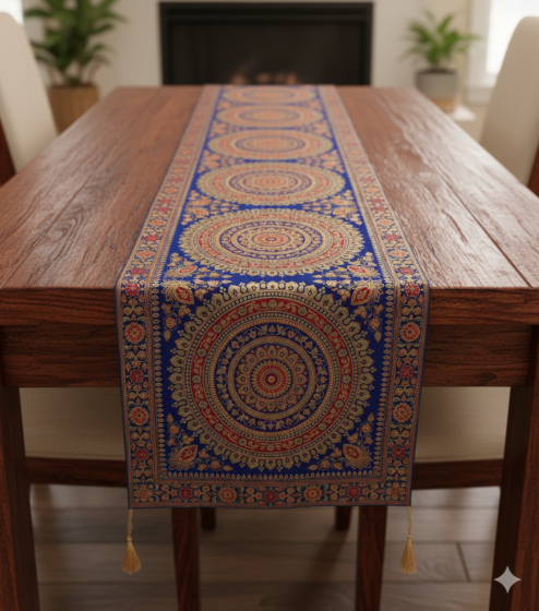 Premium Banarasi Brocade Silk Table Runner -Ethnic Mandala Design  16 x 72 inches - 6 Ft Long- Navy Blue