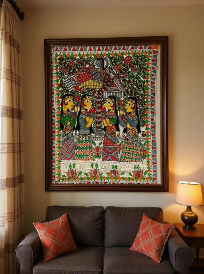 Handmade Krishna Gopika Madhubani Painting | Multicolour | Without Frame