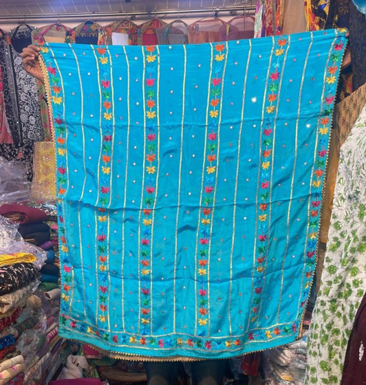  Sky Blue 3 Pure chinon Chiffon base Hand Embroided Phulkari Dupatta