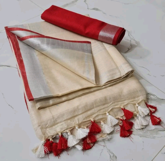 Cream Linen Cotton Saree with Silver Zari Border