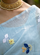 Powder Blue Mulmul Cotton Saree with Multi-Color Floral Embroidery - Soft Elegant Ethnic Wear