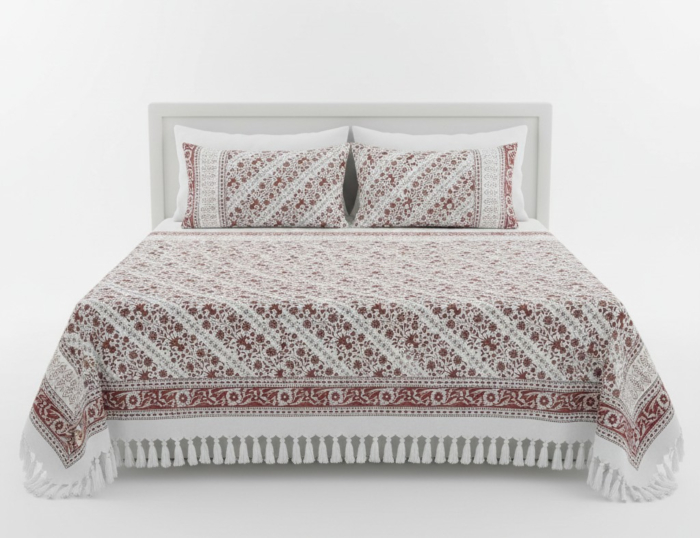 Classic Hand Block Print Cotton Bedsheet with Pillow Covers | White & Red