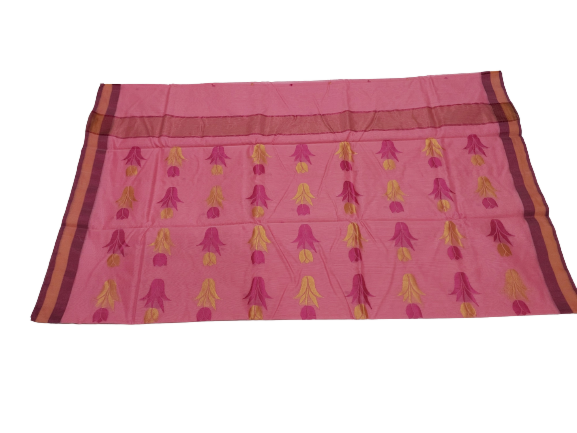 Chanderi Saree light pink 6.25 meter silk cotton with peach border and floral buti