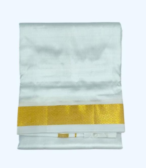 Silk Dhothi | White Colour Dhothi with Golden Zari wide stripe border | AT 5056 | 50 Kulikai Border size