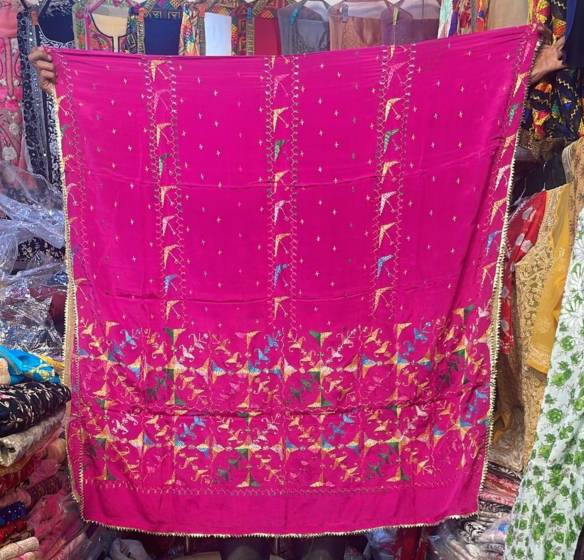 Pink 1 Pure chinon Chiffon base Hand Embroided Phulkari Dupatta