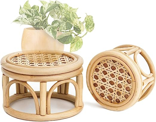 Dastkar Crafts Set of 2 Small Boho Rattan Wicker Round Riser Plant Stand Indoor | Rustic Farmhouse Natural Rattan Circle Pedestal for Décor & Display | Indoor Decorative Round 7.0" & 5.5" Accent Centerpiece for Home, Kitchen, Tabletop, Office Decor