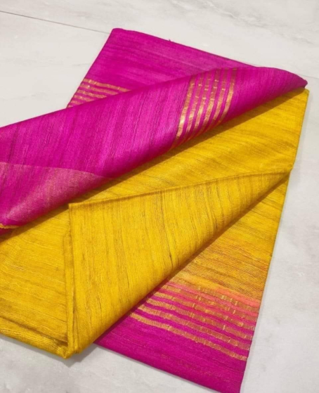 Pure Tussar Ghicha Silk Saree with Golden Zari Border & Running Blouse - Dual Dye Elegance